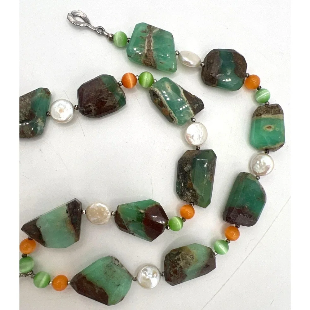 Chrysoprase Nugget Chunky Necklace 925 Hook Faux‎ Pearls Agate Glass Beads 18